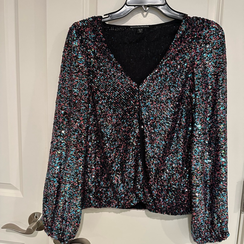 Boston Proper Blue Sequin Relaxed Blouse